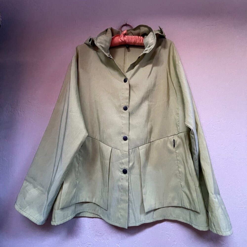Babette Rain Trench Coat Jacket Zip-Off Hood Snap Up Green Size Small Pockets